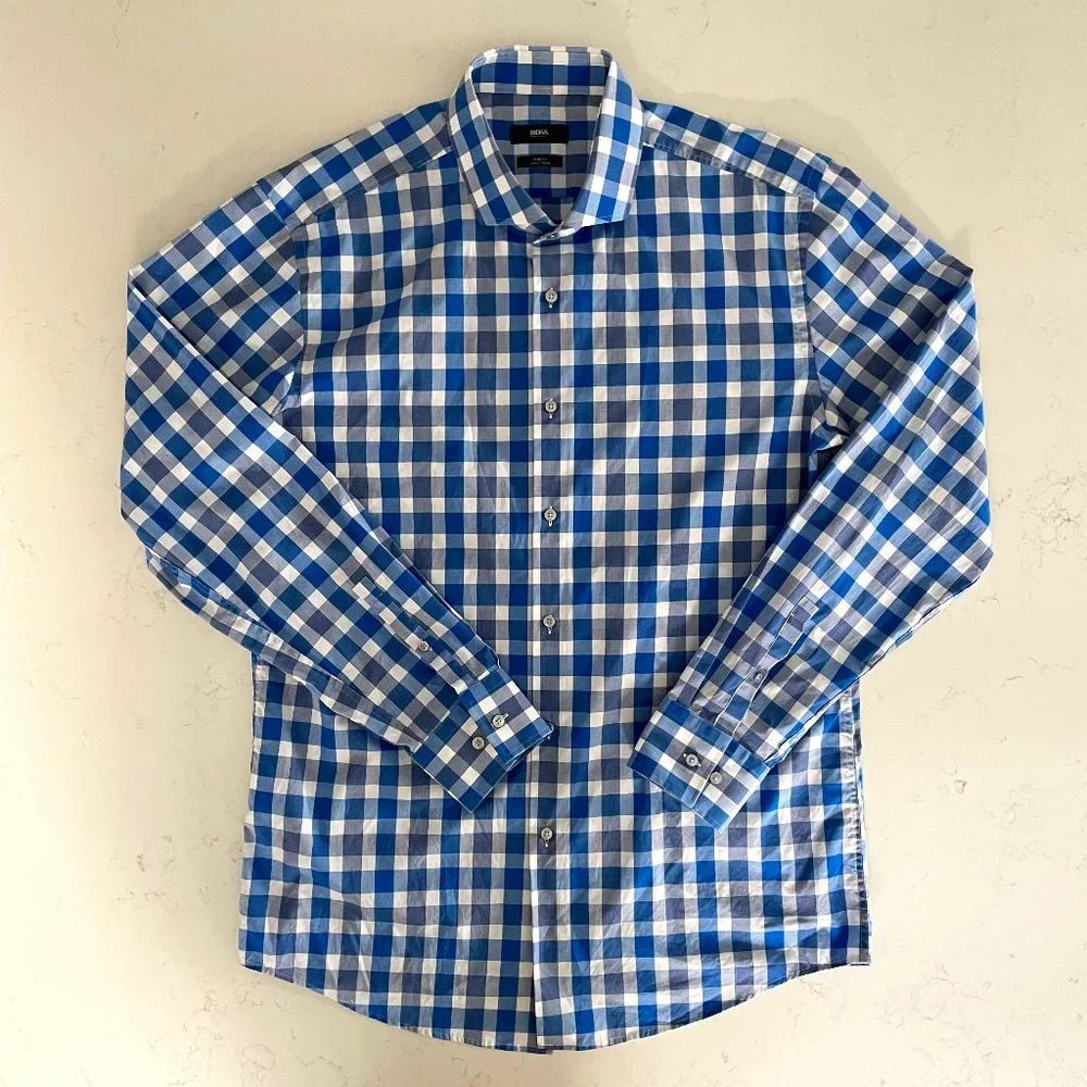 Boss Hugo Boss Jason LS Slim Fit Button Down Check Cotton Shirt Sz 17.5 NWOT